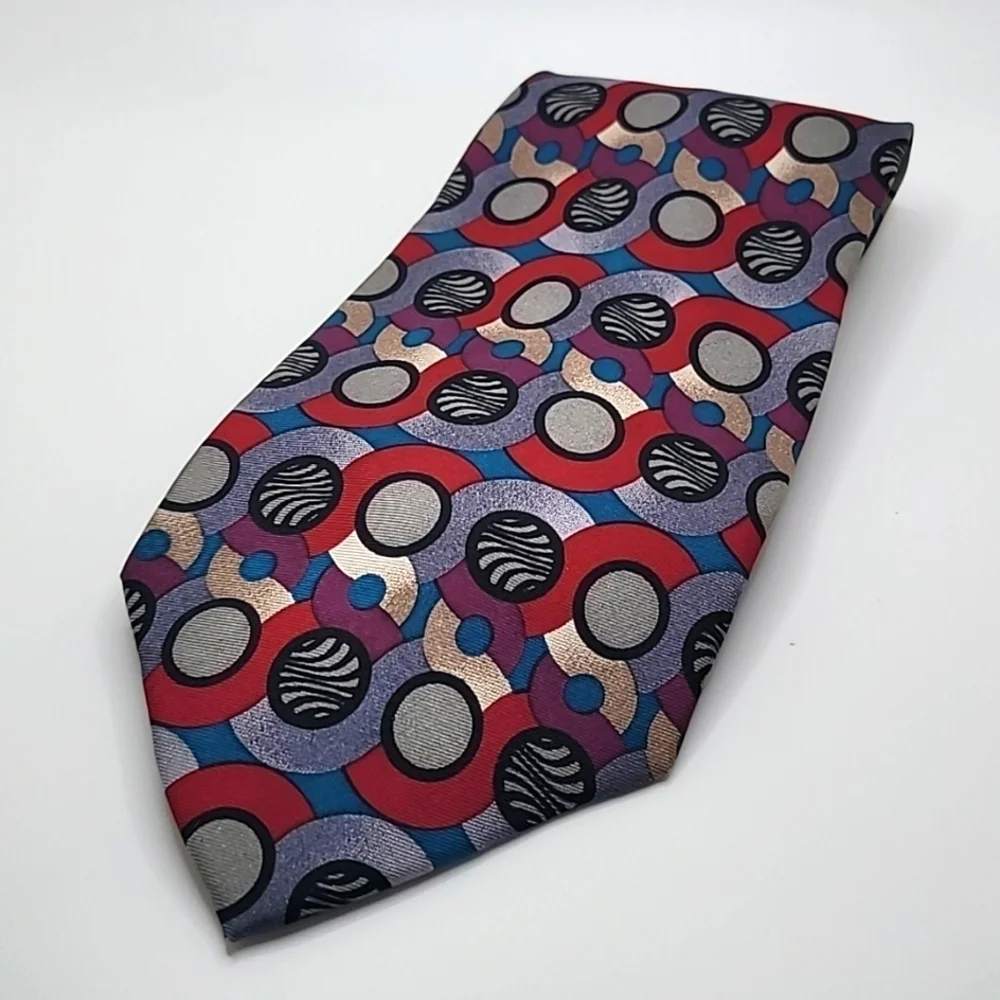 Adolfo 100% Silk Red Black Gray Circles Men's Tie